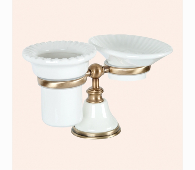Настольный держатель с мыльницей и стаканом, керамика (бел), цвет: белый/бронза TW Harmony 141 TWHA141bi/br 