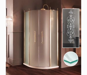 Душевое ограждение 1/4круга, двери расп. 85-87хh190, R550,профиль зол, стекло прозр.c мат. декором+StarClean, 2 ручки KDM03AUL зол, 4 декор/элем. KDT03AUL зол SAMO ETE BS9664AULN6/90 +KDM03KDT03*4