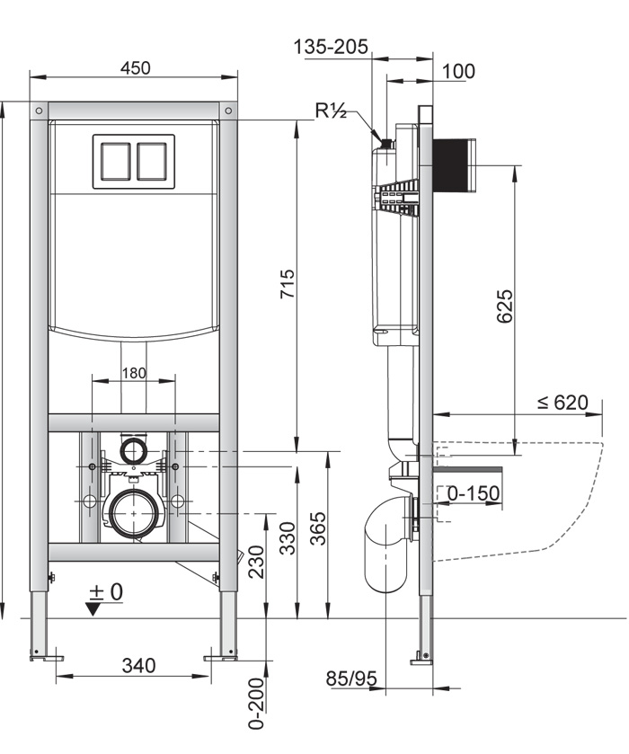 Монт.элемент (4 в 1) INEO PLUS для унитаза 450xh1120мм , с малым ревиз.отв.спереди, с шумоизоляцией, кронштейнами + клавиша S706 хром SANIT 90.733.81..S001