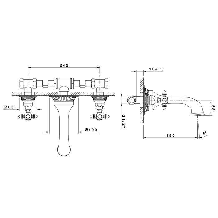 Смеситель для раковины настенный на 3 отверстия, излив: 180 мм, цвет: хром Nicolazzi Impero 1277CR36